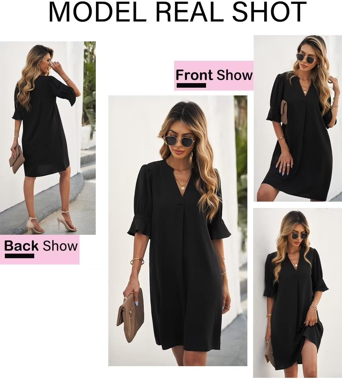 Summer Dresses for Women V Neck Ruffle Short Sleeve Casual Shift Dress