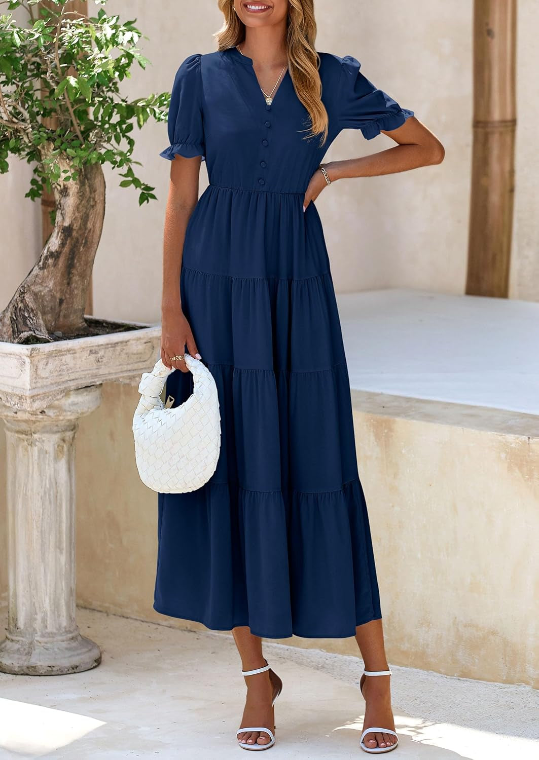 Women'S Summer Casual Short Sleeve V Neck Midi Dresses 2025 Spring A-Line Tiered Wedding Guest Dress
