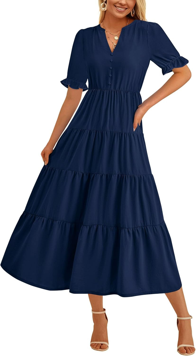 Women'S Summer Casual Short Sleeve V Neck Midi Dresses 2025 Spring A-Line Tiered Wedding Guest Dress