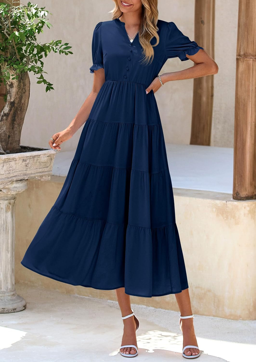 Women'S Summer Casual Short Sleeve V Neck Midi Dresses 2025 Spring A-Line Tiered Wedding Guest Dress