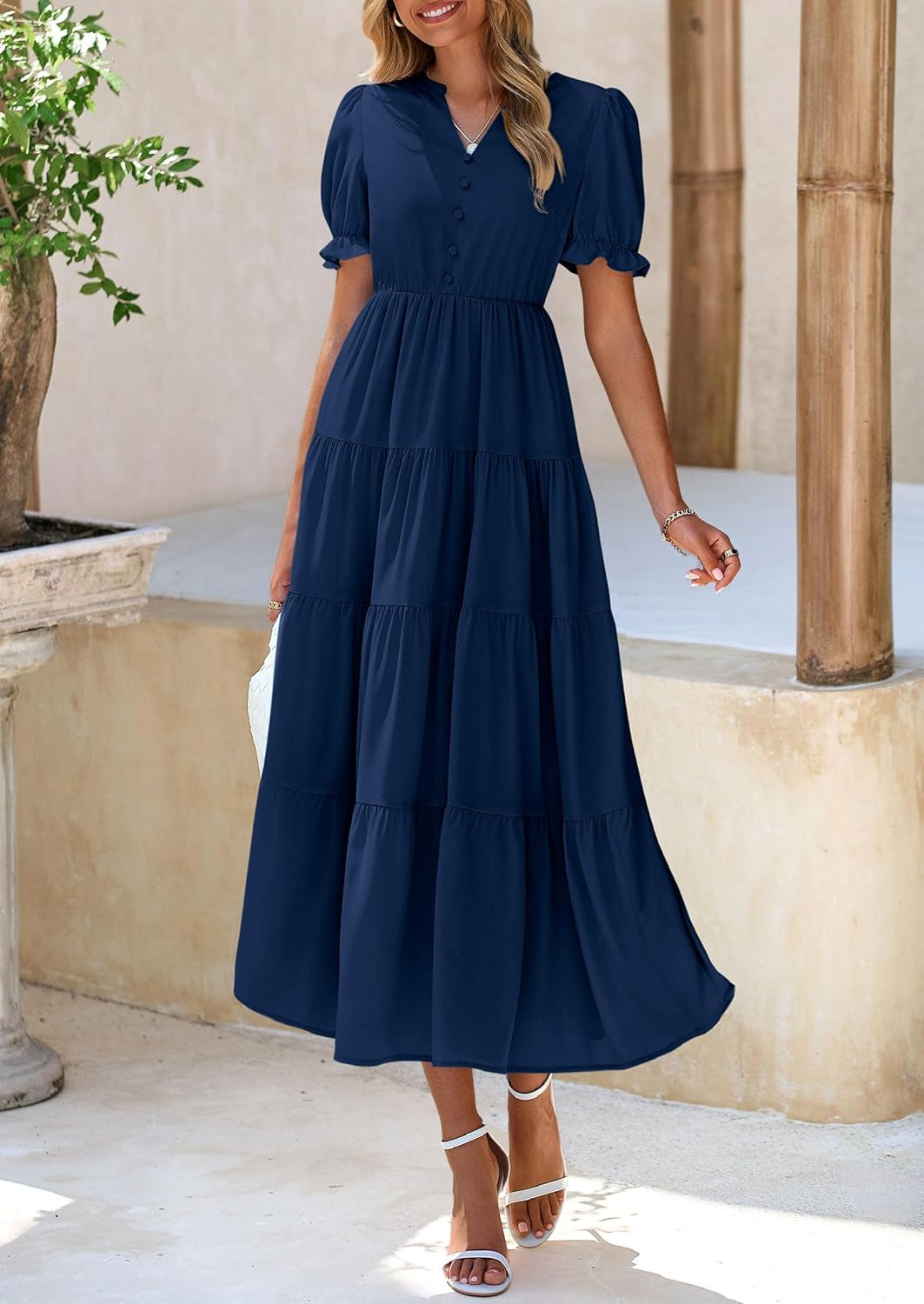 Women'S Summer Casual Short Sleeve V Neck Midi Dresses 2025 Spring A-Line Tiered Wedding Guest Dress