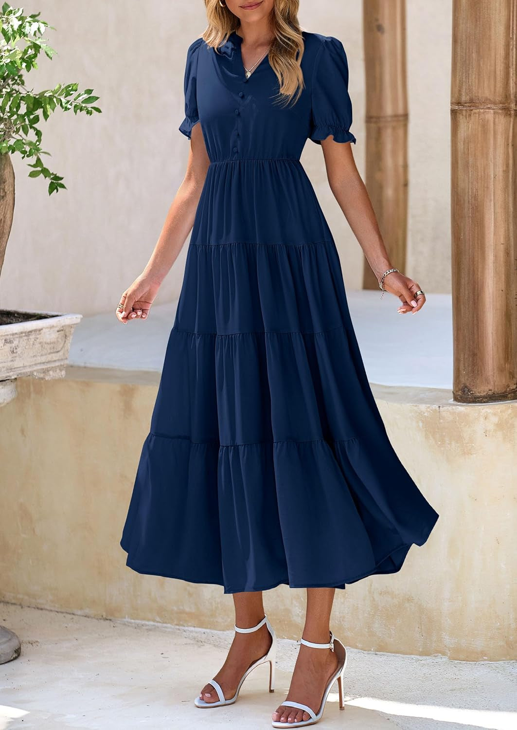Women'S Summer Casual Short Sleeve V Neck Midi Dresses 2025 Spring A-Line Tiered Wedding Guest Dress