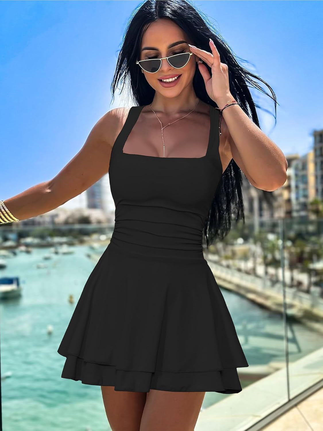 Women'S Square Neck Ruffle Hem Mini Dress Ruched Waist Short Party Dresses