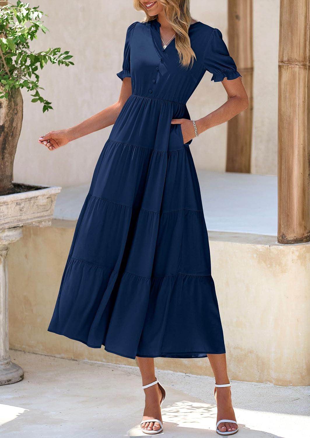 Women'S Summer Casual Short Sleeve V Neck Midi Dresses 2025 Spring A-Line Tiered Wedding Guest Dress