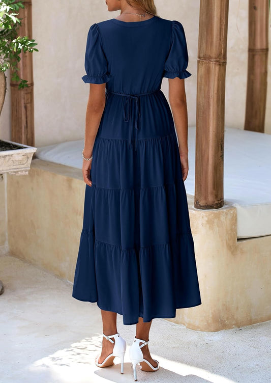 Women'S Summer Casual Short Sleeve V Neck Midi Dresses 2025 Spring A-Line Tiered Wedding Guest Dress
