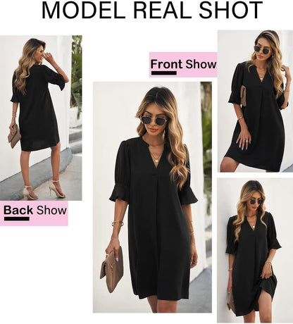 Summer Dresses for Women V Neck Ruffle Short Sleeve Casual Shift Dress