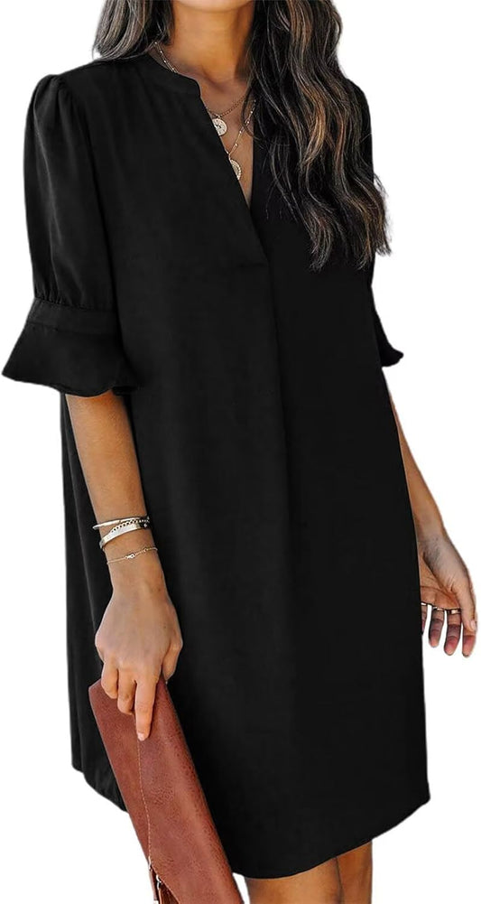 Summer Dresses for Women V Neck Ruffle Short Sleeve Casual Shift Dress