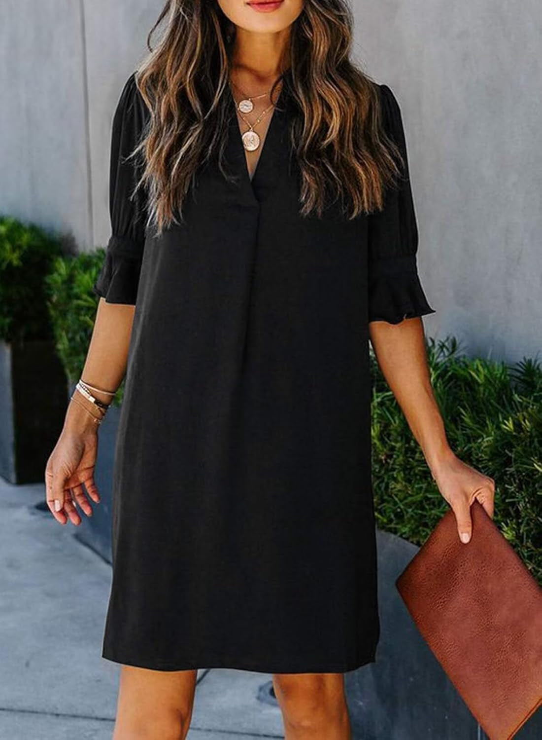 Summer Dresses for Women V Neck Ruffle Short Sleeve Casual Shift Dress